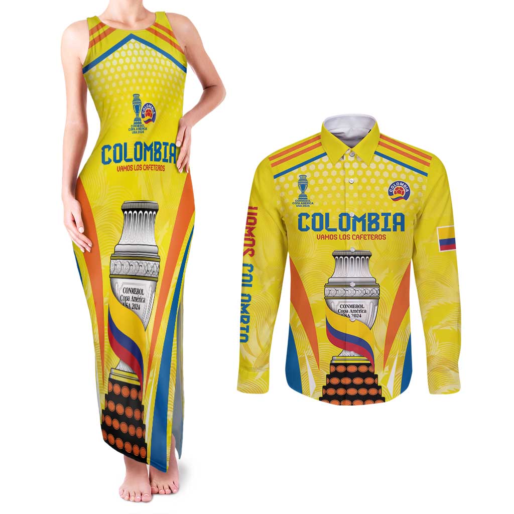 Colombia Champion Football Custom Couples Matching Tank Maxi Dress and Long Sleeve Button Shirt Los Cafeteros Somos Campeones LT9 - Wonder Print Shop
