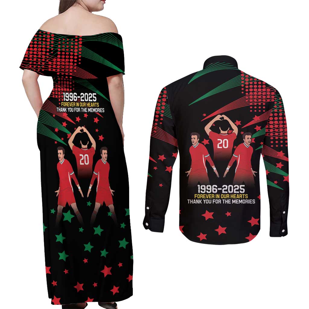 Portuguese Footballer Memorial Couples Matching Off Shoulder Maxi Dress and Long Sleeve Button Shirt 1996-2025 Forever In Our Hearts - Wonder Print Shop