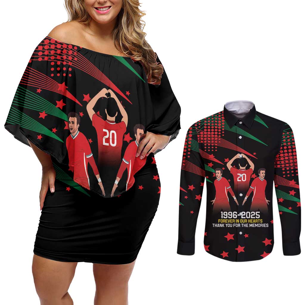 Portuguese Footballer Memorial Couples Matching Off Shoulder Short Dress and Long Sleeve Button Shirt 1996-2025 Forever In Our Hearts - Wonder Print Shop