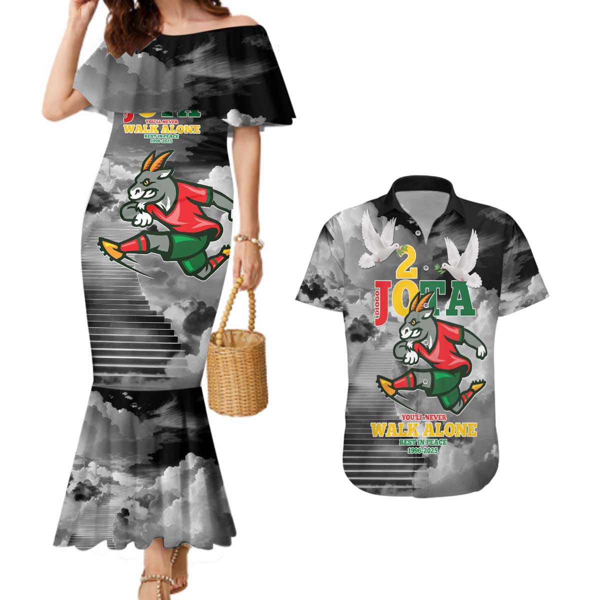 Portuguese Footballer Memorial Couples Matching Mermaid Dress and Hawaiian Shirt You'll Never Walk Alone Rest In Peace 1996-2025 - Wonder Print Shop