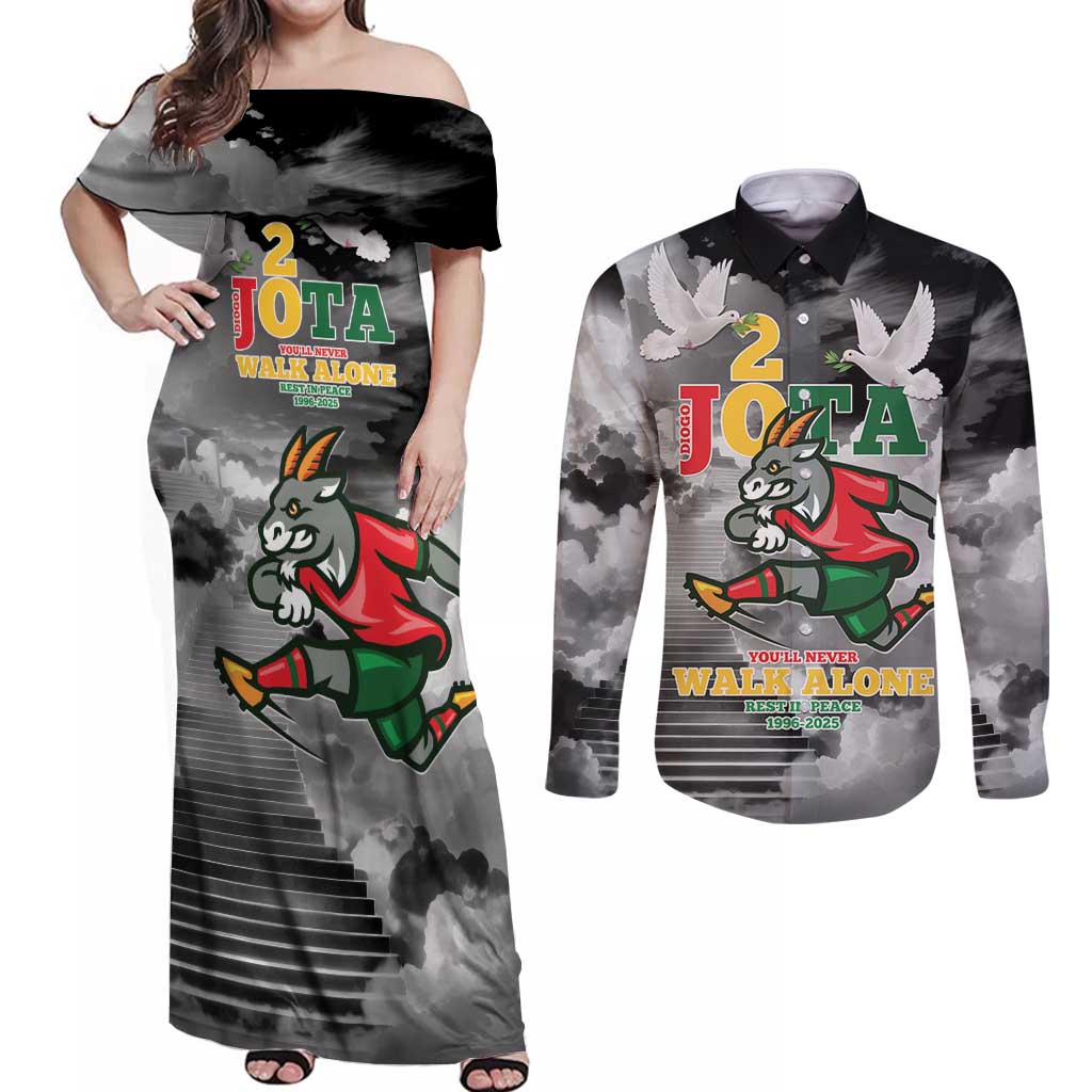 Portuguese Footballer Memorial Couples Matching Off Shoulder Maxi Dress and Long Sleeve Button Shirt You'll Never Walk Alone Rest In Peace 1996-2025 - Wonder Print Shop