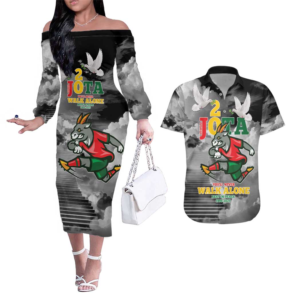 Portuguese Footballer Memorial Couples Matching Off The Shoulder Long Sleeve Dress and Hawaiian Shirt You'll Never Walk Alone Rest In Peace 1996-2025 - Wonder Print Shop