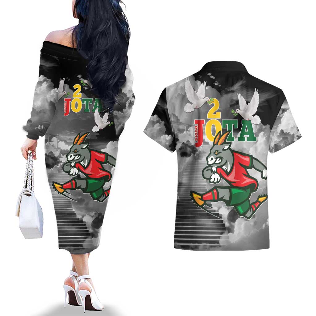 Portuguese Footballer Memorial Couples Matching Off The Shoulder Long Sleeve Dress and Hawaiian Shirt You'll Never Walk Alone Rest In Peace 1996-2025 - Wonder Print Shop