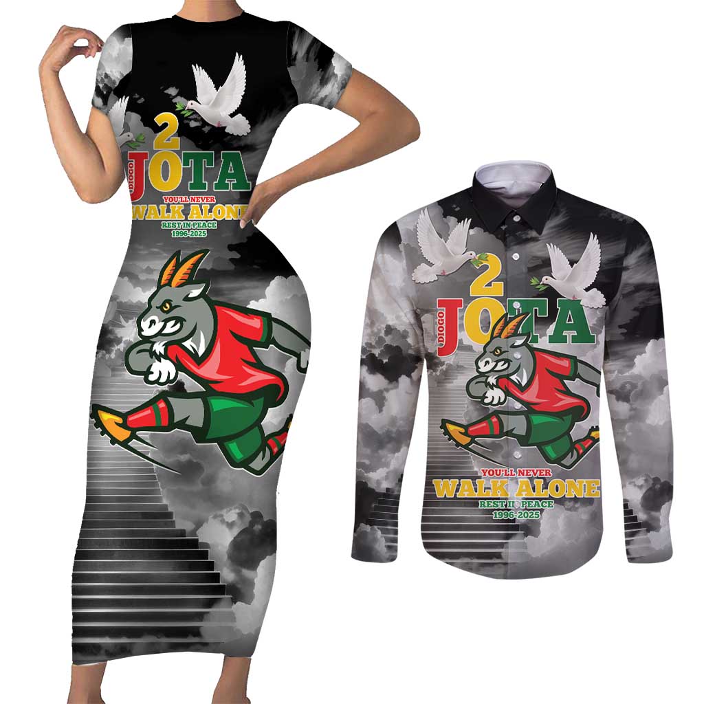Portuguese Footballer Memorial Couples Matching Short Sleeve Bodycon Dress and Long Sleeve Button Shirt You'll Never Walk Alone Rest In Peace 1996-2025 - Wonder Print Shop