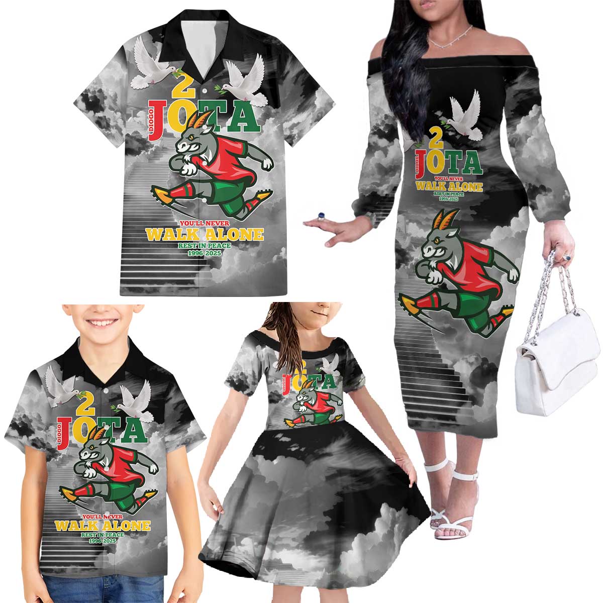 Portuguese Footballer Memorial Family Matching Off The Shoulder Long Sleeve Dress and Hawaiian Shirt You'll Never Walk Alone Rest In Peace 1996-2025 - Wonder Print Shop