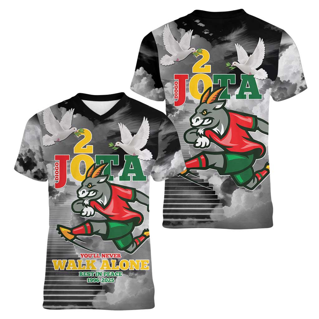 Portuguese Footballer Memorial Women V-Neck T-Shirt You'll Never Walk Alone Rest In Peace 1996-2025 - Wonder Print Shop