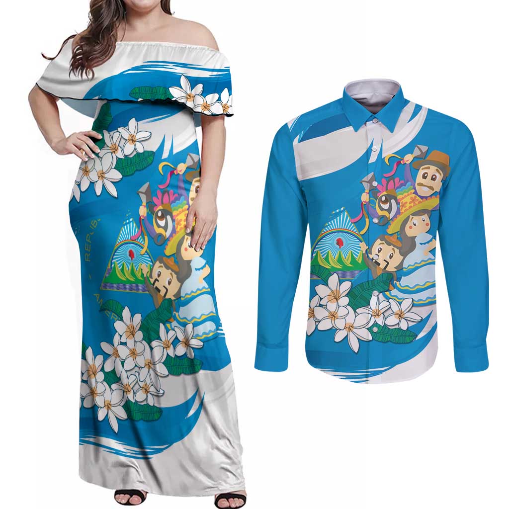 Nicaragua Independence Day Couples Matching Off Shoulder Maxi Dress and Long Sleeve Button Shirt Since 1821 Nicaragua Culture Concept - Wonder Print Shop