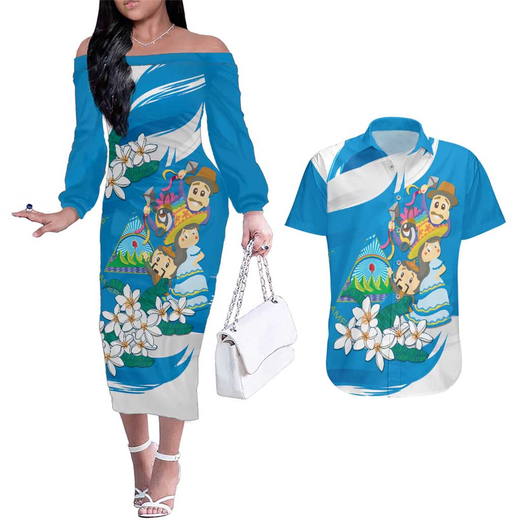 Nicaragua Independence Day Couples Matching Off The Shoulder Long Sleeve Dress and Hawaiian Shirt Since 1821 Nicaragua Culture Concept - Wonder Print Shop