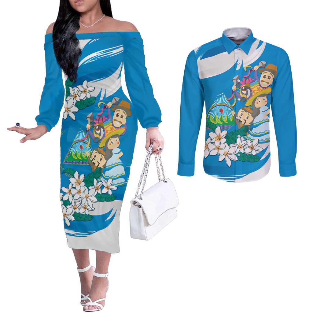 Nicaragua Independence Day Couples Matching Off The Shoulder Long Sleeve Dress and Long Sleeve Button Shirt Since 1821 Nicaragua Culture Concept - Wonder Print Shop