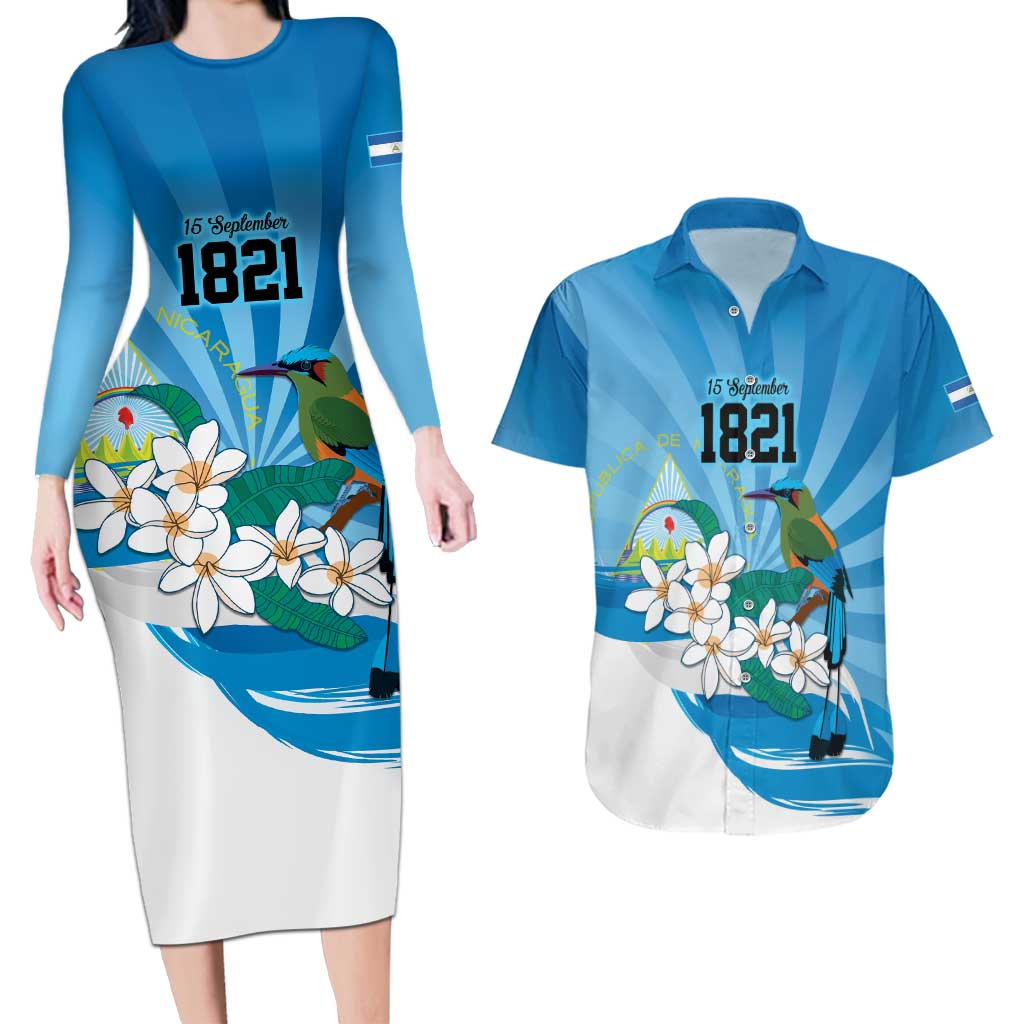 Nicaragua Independence Day Personalized Couples Matching Long Sleeve Bodycon Dress and Hawaiian Shirt Since 1821 Proud Guardabarranco Sacuanjoche - Wonder Print Shop