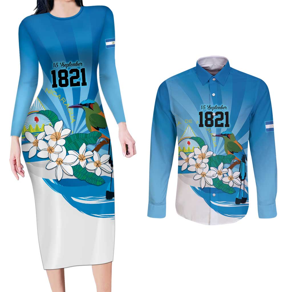 Nicaragua Independence Day Personalized Couples Matching Long Sleeve Bodycon Dress and Long Sleeve Button Shirt Since 1821 Proud Guardabarranco Sacuanjoche - Wonder Print Shop