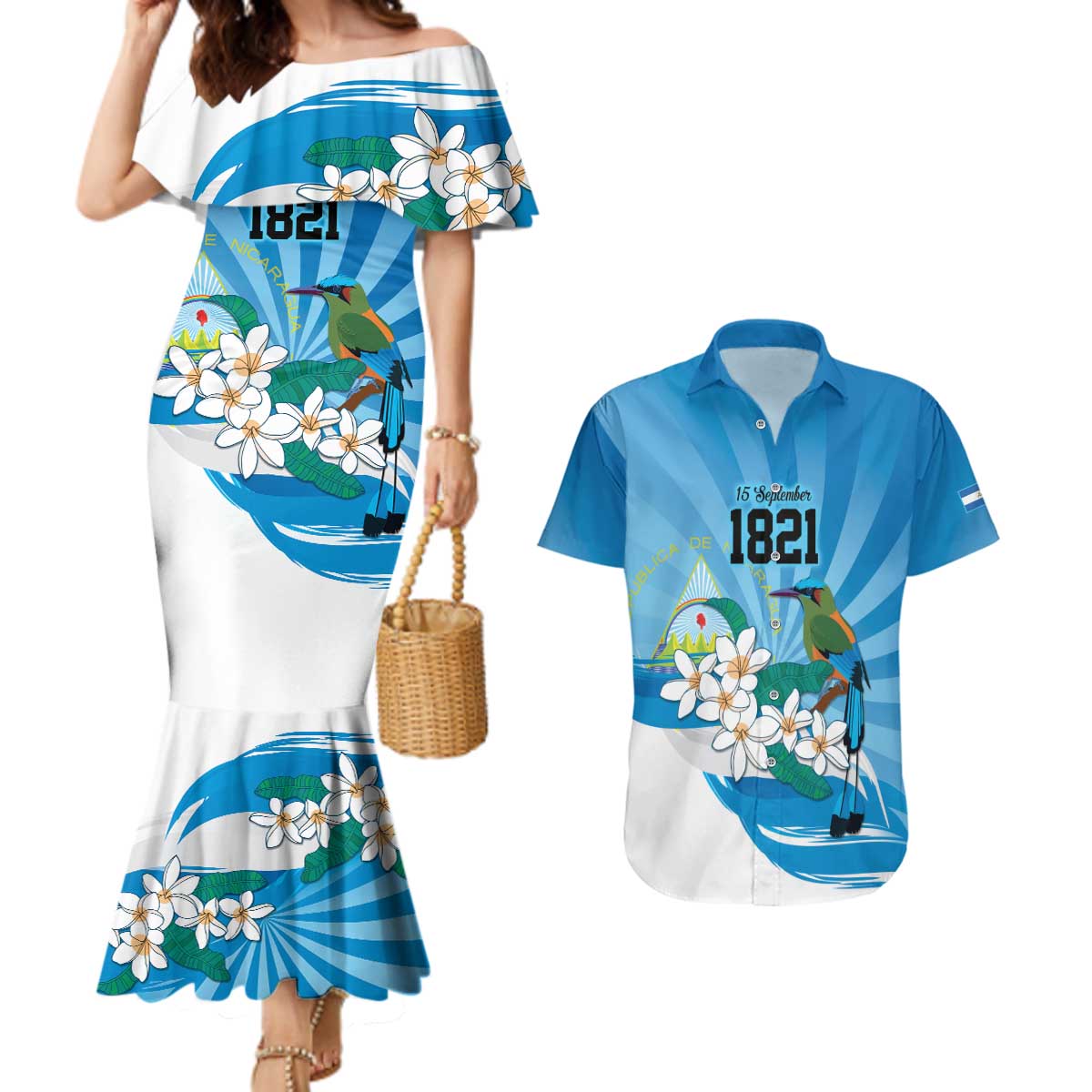 Nicaragua Independence Day Personalized Couples Matching Mermaid Dress and Hawaiian Shirt Since 1821 Proud Guardabarranco Sacuanjoche - Wonder Print Shop