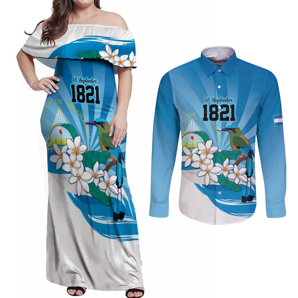 Nicaragua Independence Day Personalized Couples Matching Off Shoulder Maxi Dress and Long Sleeve Button Shirt Since 1821 Proud Guardabarranco Sacuanjoche - Wonder Print Shop