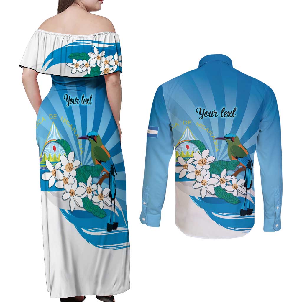 Nicaragua Independence Day Personalized Couples Matching Off Shoulder Maxi Dress and Long Sleeve Button Shirt Since 1821 Proud Guardabarranco Sacuanjoche - Wonder Print Shop