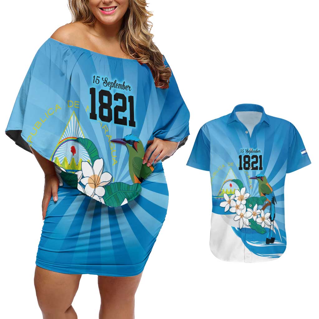 Nicaragua Independence Day Personalized Couples Matching Off Shoulder Short Dress and Hawaiian Shirt Since 1821 Proud Guardabarranco Sacuanjoche - Wonder Print Shop