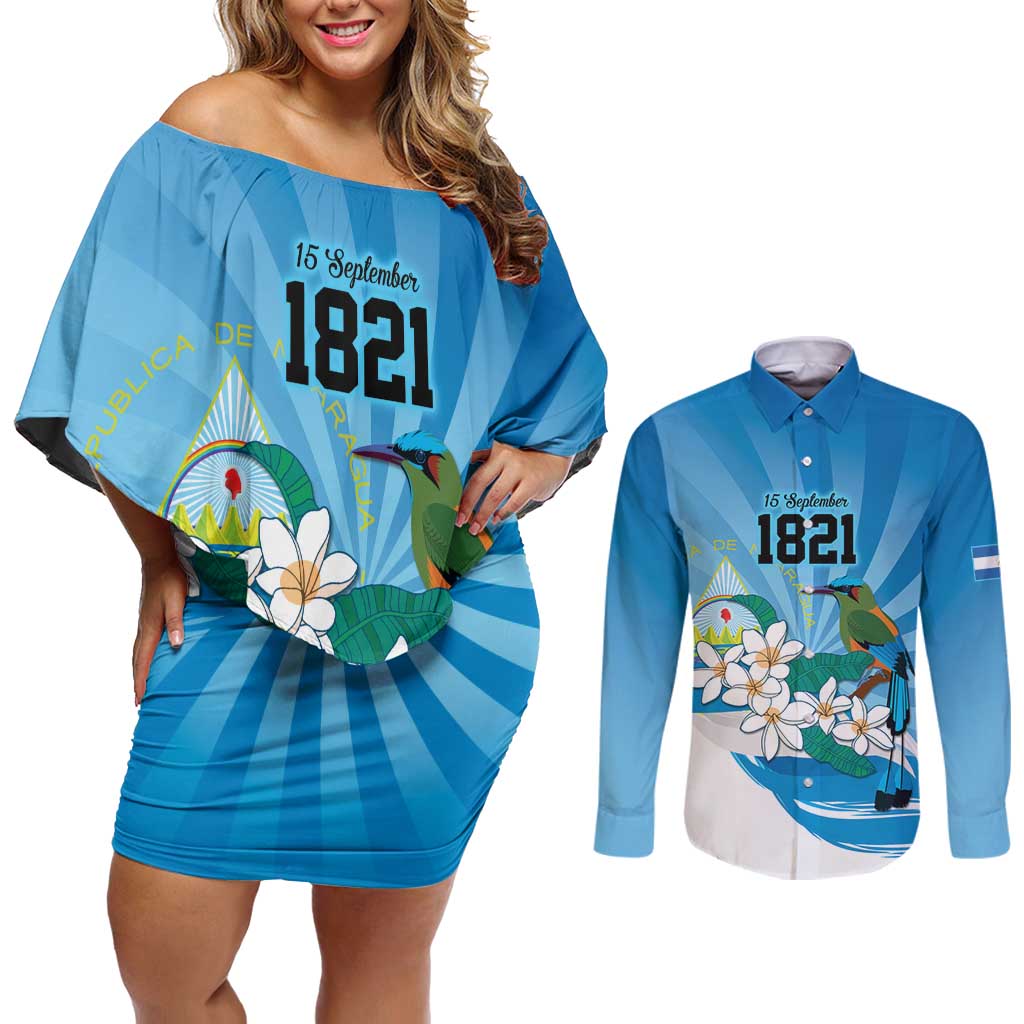Nicaragua Independence Day Personalized Couples Matching Off Shoulder Short Dress and Long Sleeve Button Shirt Since 1821 Proud Guardabarranco Sacuanjoche - Wonder Print Shop