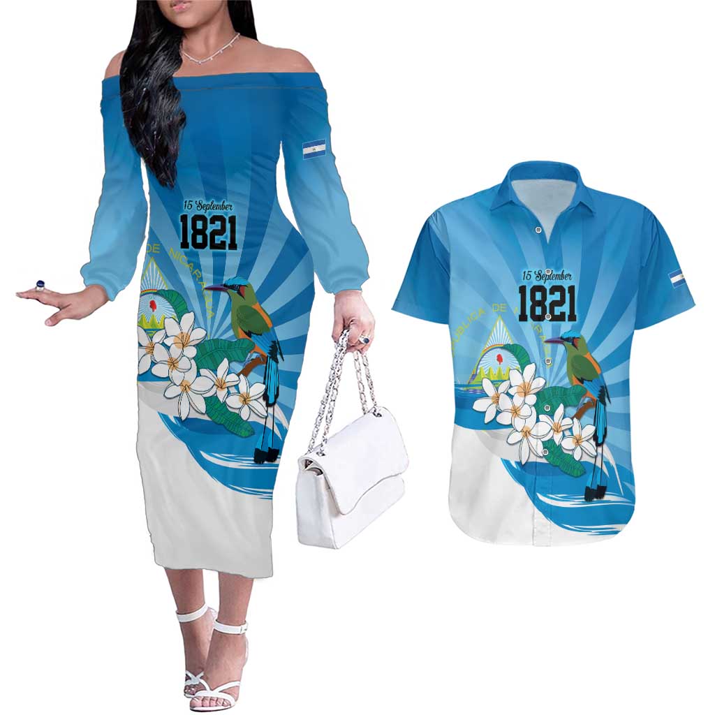Nicaragua Independence Day Personalized Couples Matching Off The Shoulder Long Sleeve Dress and Hawaiian Shirt Since 1821 Proud Guardabarranco Sacuanjoche - Wonder Print Shop