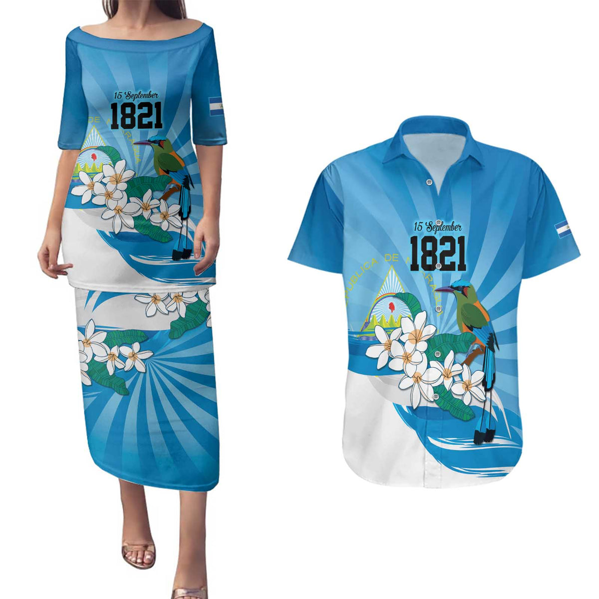 Nicaragua Independence Day Personalized Couples Matching Puletasi and Hawaiian Shirt Since 1821 Proud Guardabarranco Sacuanjoche - Wonder Print Shop