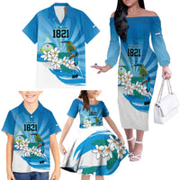 Nicaragua Independence Day Personalized Family Matching Off The Shoulder Long Sleeve Dress and Hawaiian Shirt Since 1821 Proud Guardabarranco Sacuanjoche - Wonder Print Shop