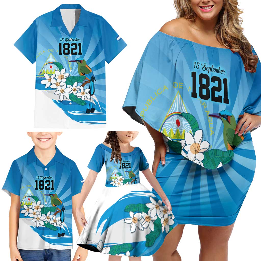 Nicaragua Independence Day Personalized Family Matching Off Shoulder Short Dress and Hawaiian Shirt Since 1821 Proud Guardabarranco Sacuanjoche - Wonder Print Shop