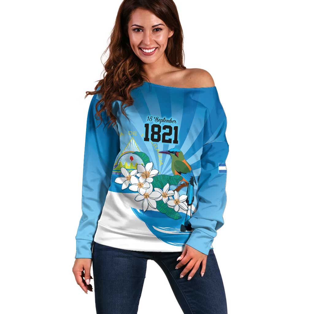 Nicaragua Independence Day Personalized Off Shoulder Sweater Since 1821 Proud Guardabarranco Sacuanjoche - Wonder Print Shop