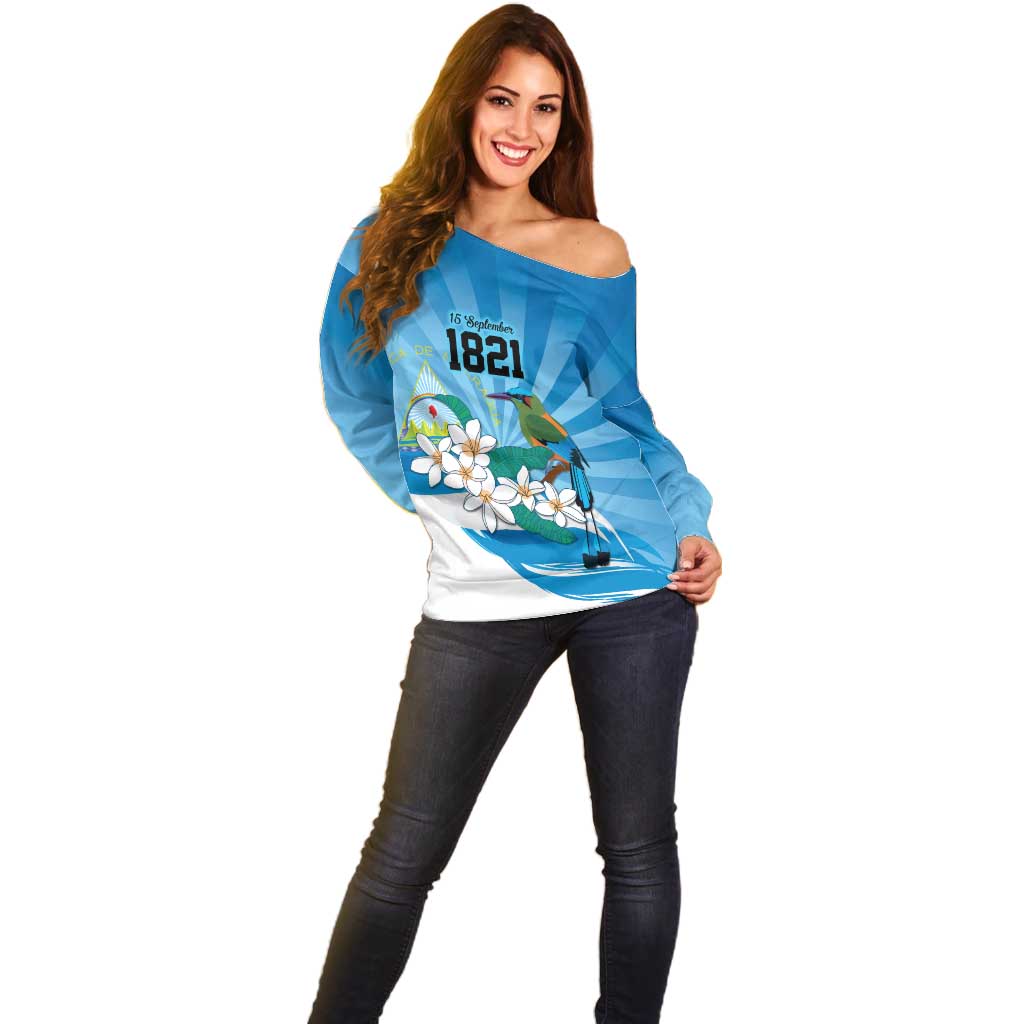 Nicaragua Independence Day Personalized Off Shoulder Sweater Since 1821 Proud Guardabarranco Sacuanjoche - Wonder Print Shop