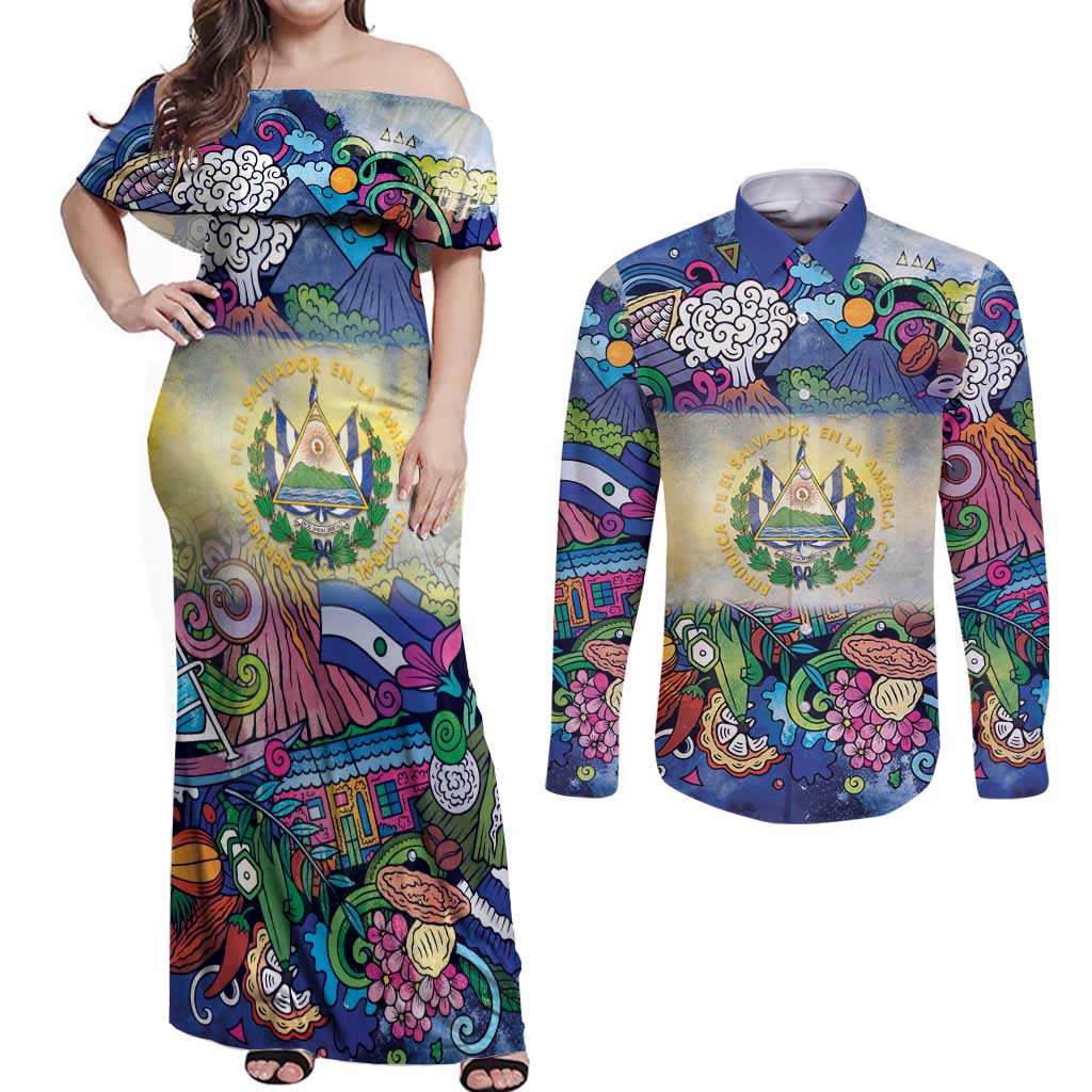 El Salvador Couples Matching Off Shoulder Maxi Dress and Long Sleeve Button Shirt Funny Local Inspired - Wonder Print Shop