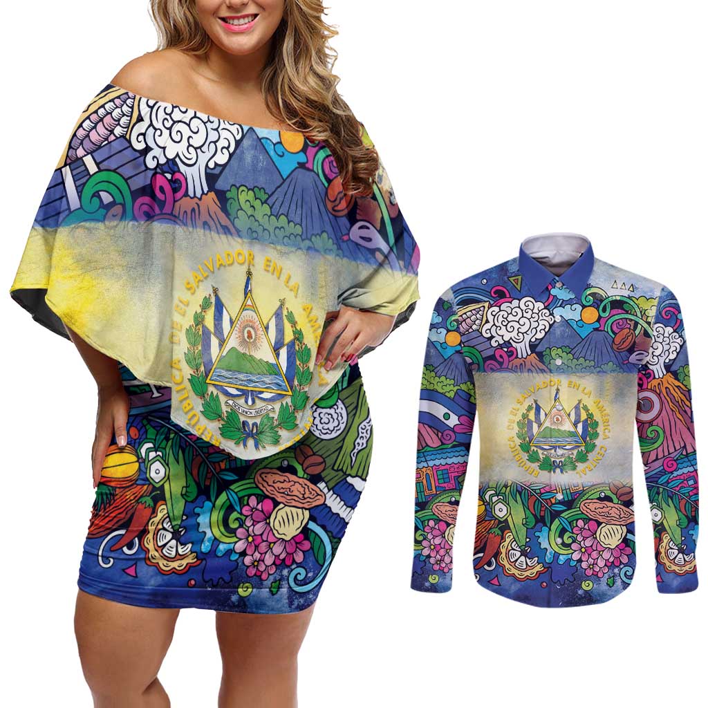 El Salvador Couples Matching Off Shoulder Short Dress and Long Sleeve Button Shirt Funny Local Inspired - Wonder Print Shop