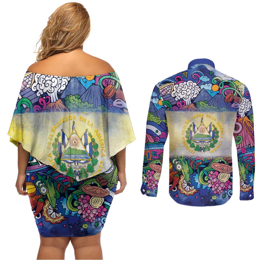 El Salvador Couples Matching Off Shoulder Short Dress and Long Sleeve Button Shirt Funny Local Inspired - Wonder Print Shop