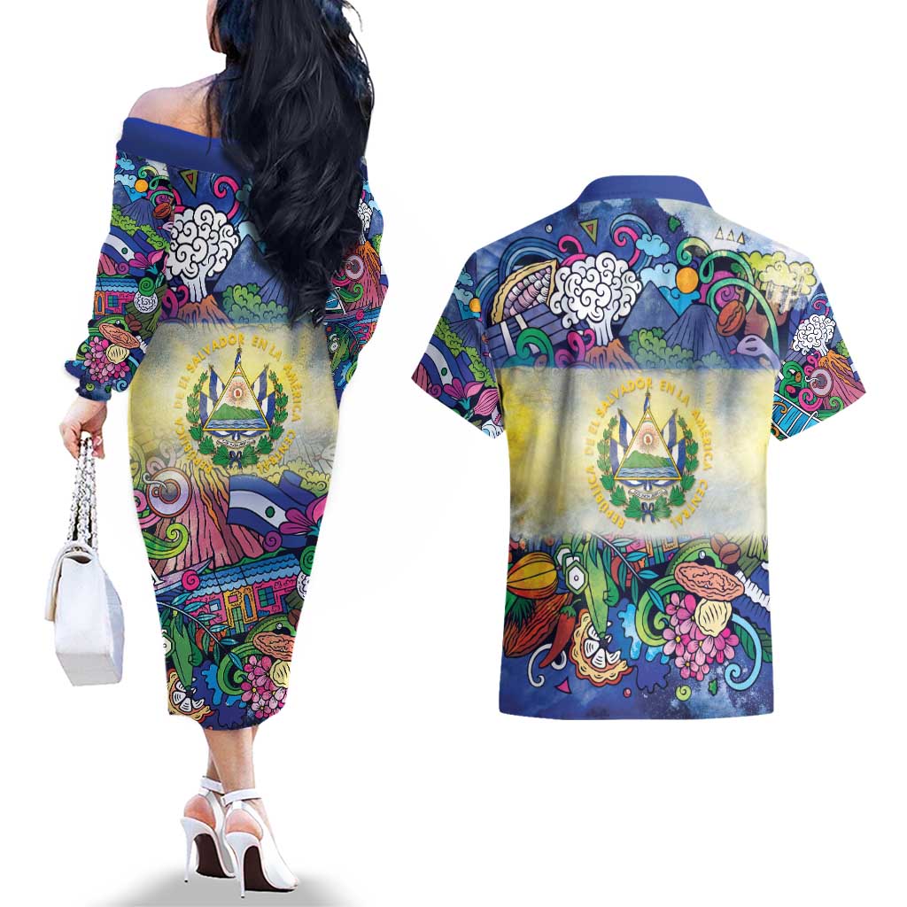 El Salvador Couples Matching Off The Shoulder Long Sleeve Dress and Hawaiian Shirt Funny Local Inspired - Wonder Print Shop