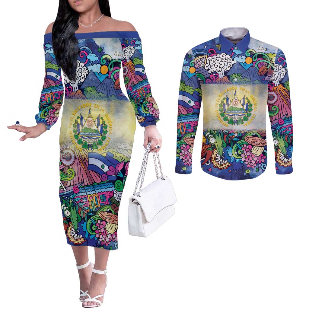 El Salvador Couples Matching Off The Shoulder Long Sleeve Dress and Long Sleeve Button Shirt Funny Local Inspired - Wonder Print Shop