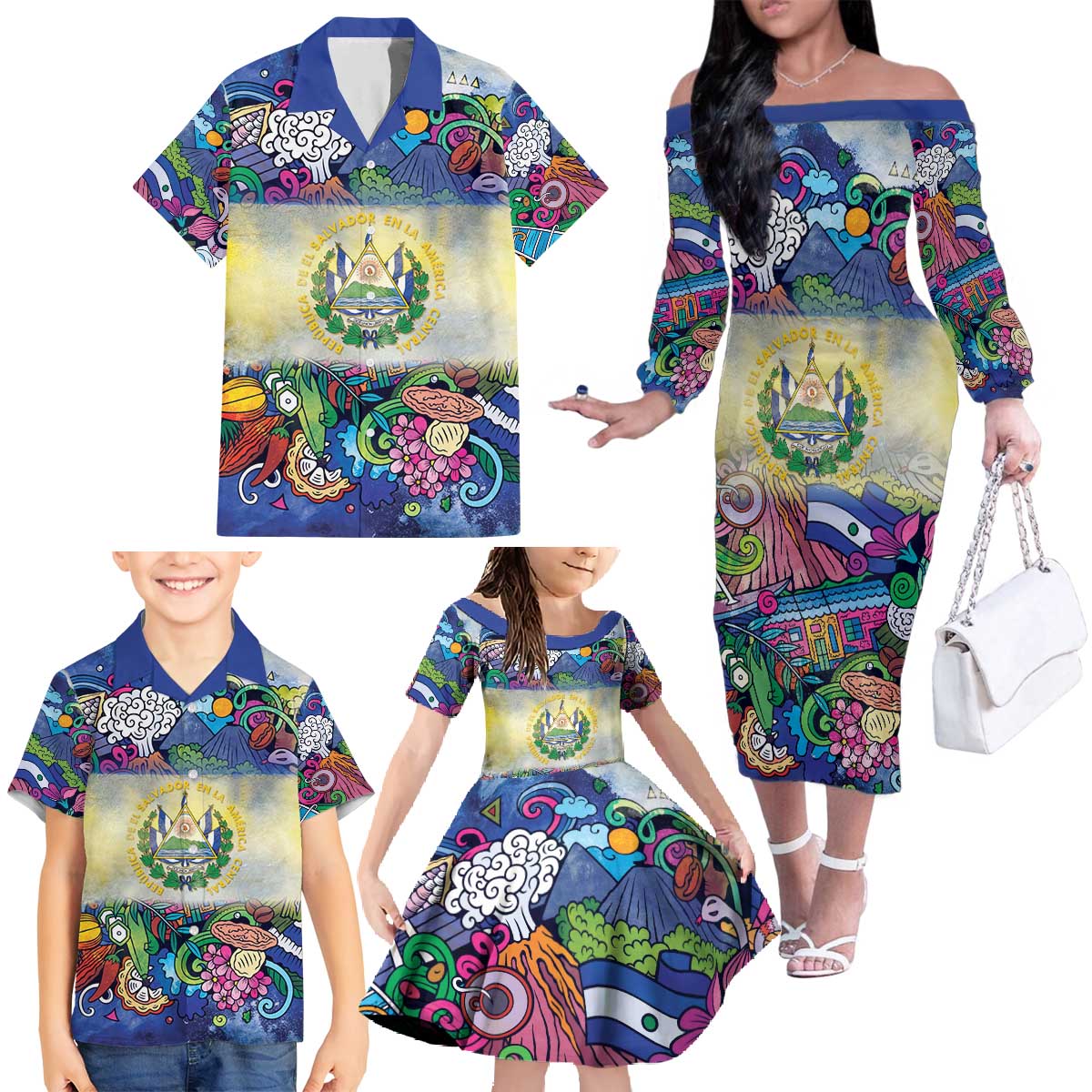 El Salvador Family Matching Off The Shoulder Long Sleeve Dress and Hawaiian Shirt Funny Local Inspired - Wonder Print Shop