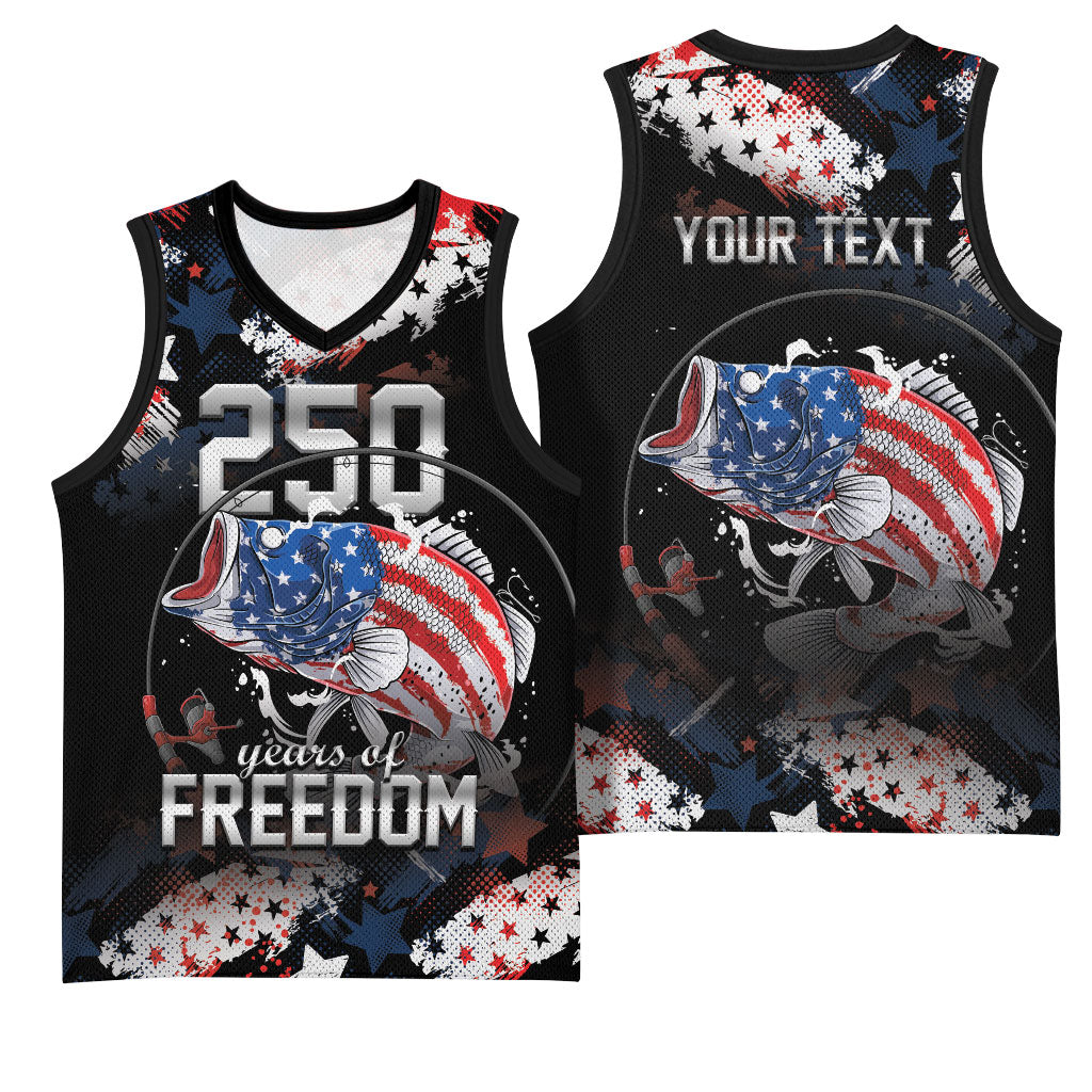 Personalized Largemouth Bass Fishing Basketball Jersey America 250 Year Freedom