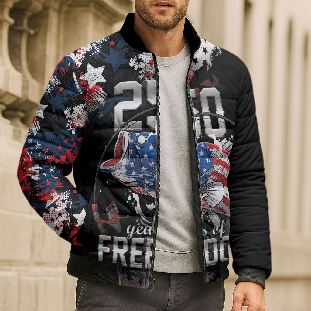 Personalized Largemouth Bass Fishing Bomber Puffer Jacket America 250 Year Freedom