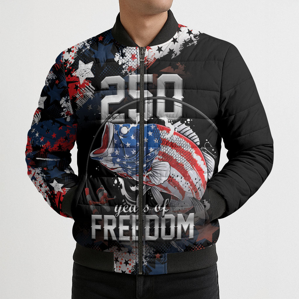 Personalized Largemouth Bass Fishing Bomber Puffer Jacket America 250 Year Freedom