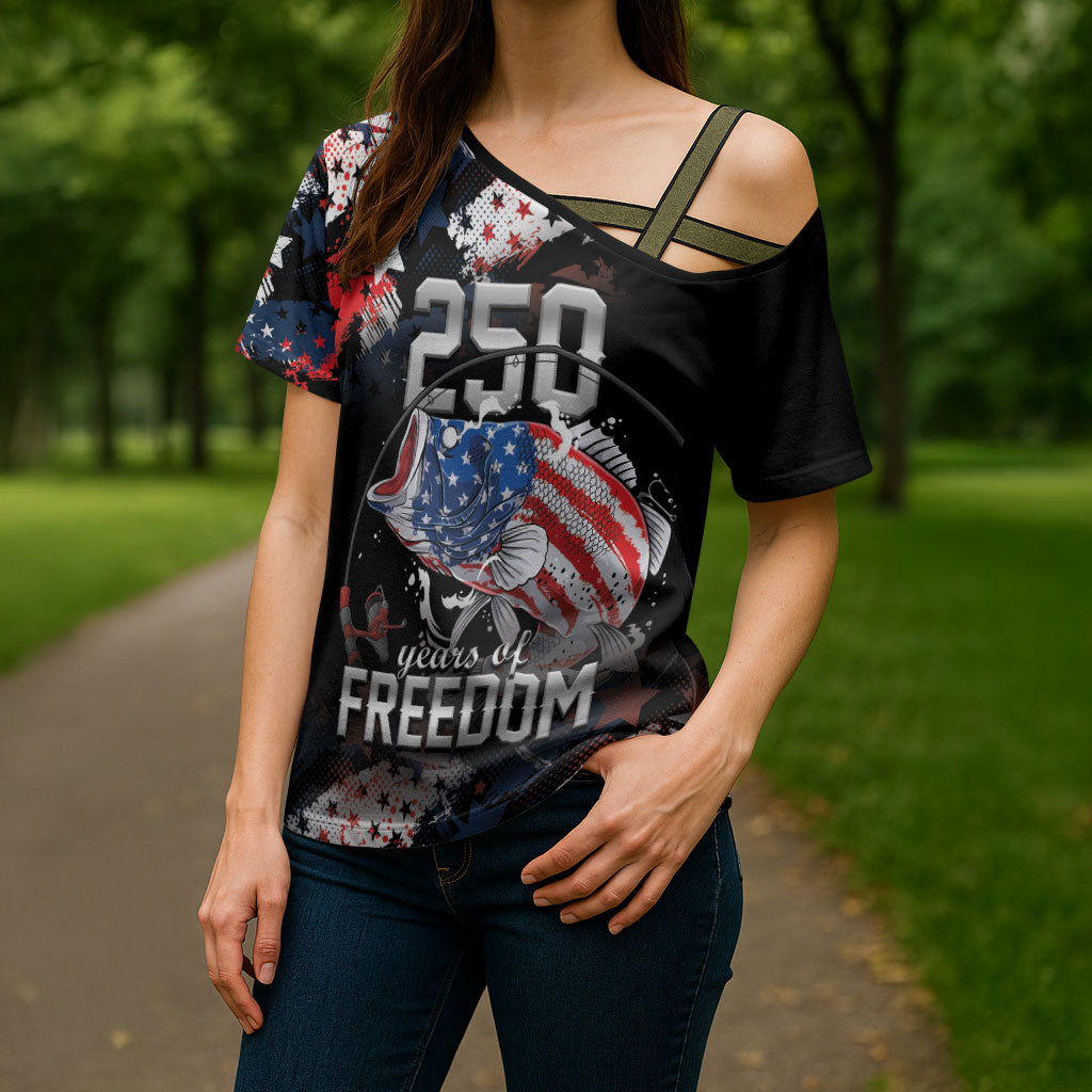 Personalized Largemouth Bass Fishing Cross Shoulder Shirt America 250 Year Freedom