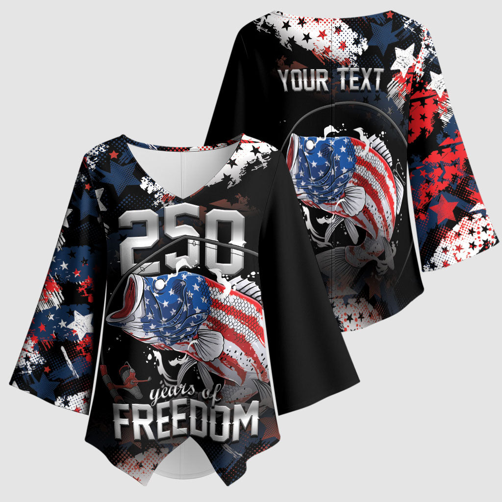 Personalized Largemouth Bass Fishing Kimono Sleeve Blouse America 250 Year Freedom