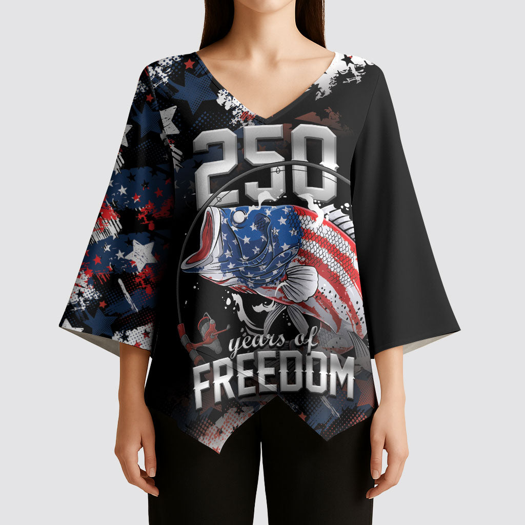 Personalized Largemouth Bass Fishing Kimono Sleeve Blouse America 250 Year Freedom