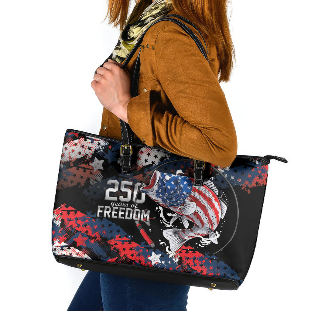 Largemouth Bass Fishing Leather Tote Bag America 250 Year Freedom