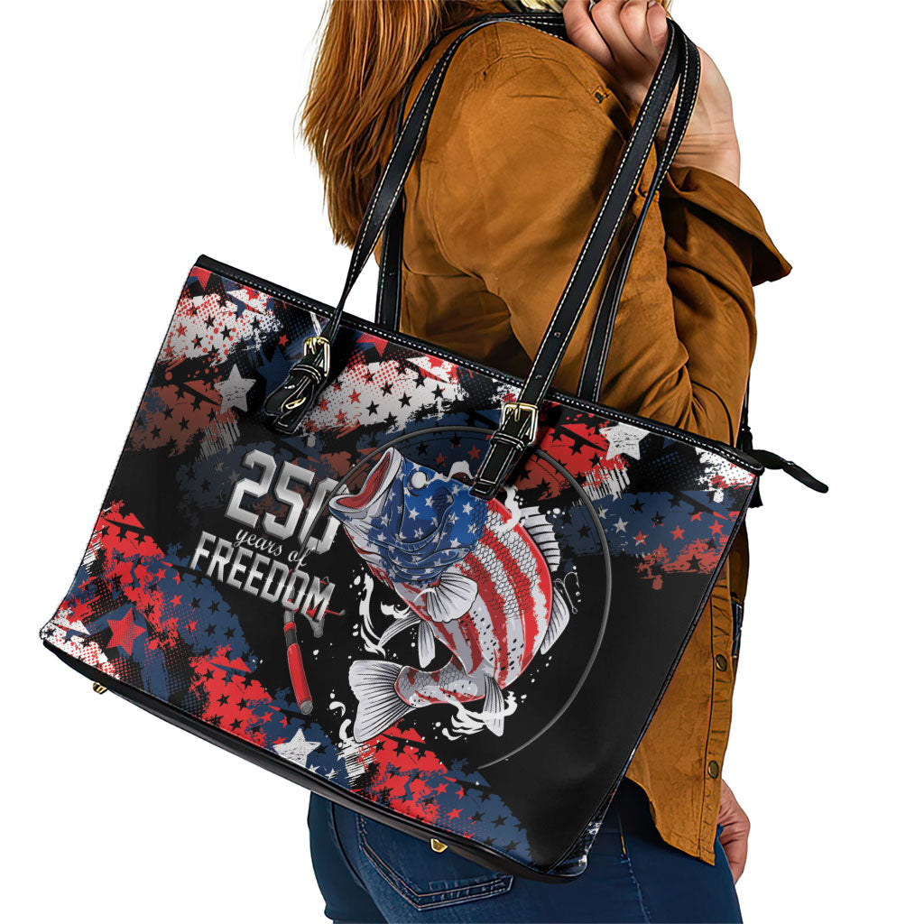 Largemouth Bass Fishing Leather Tote Bag America 250 Year Freedom