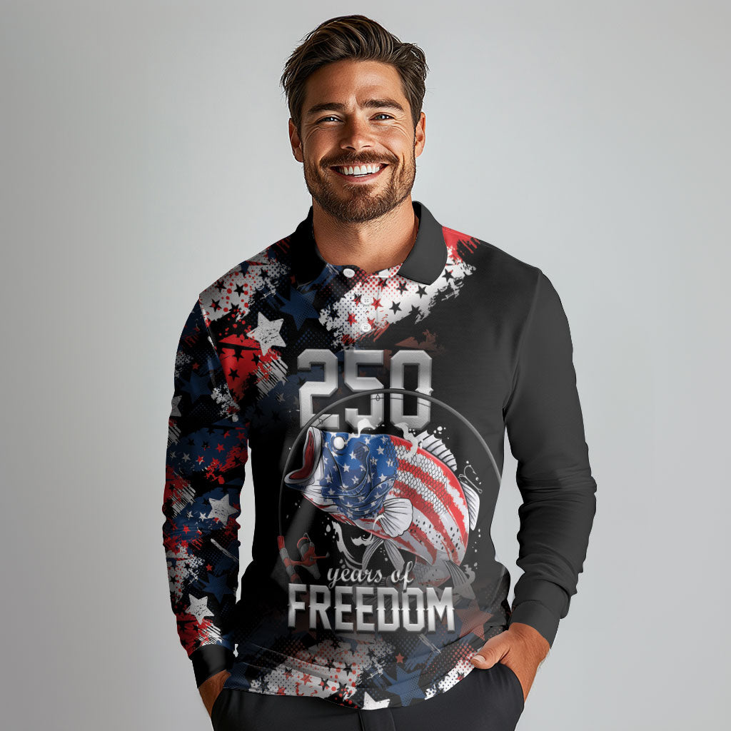 Personalized Largemouth Bass Fishing Long Sleeve Polo Shirt America 250 Year Freedom