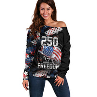 Personalized Largemouth Bass Fishing Off Shoulder Sweater America 250 Year Freedom