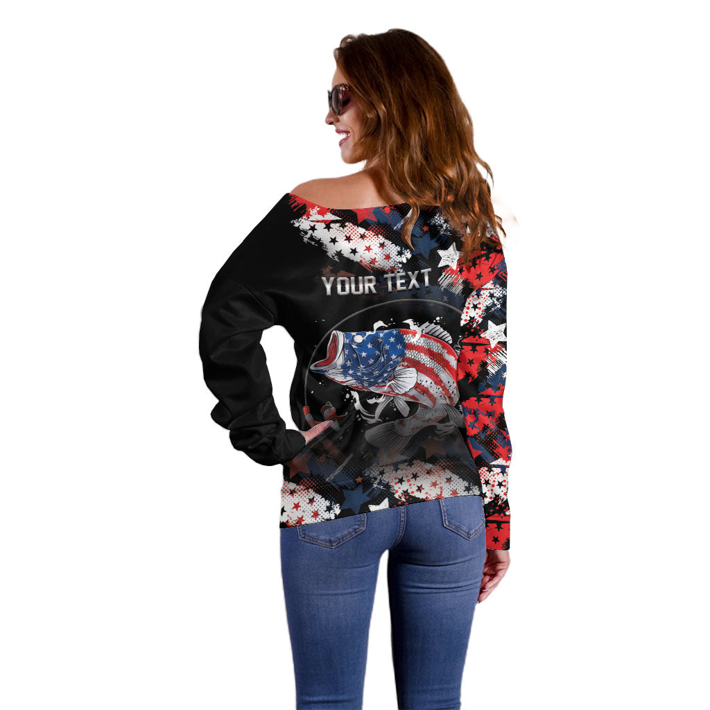 Personalized Largemouth Bass Fishing Off Shoulder Sweater America 250 Year Freedom