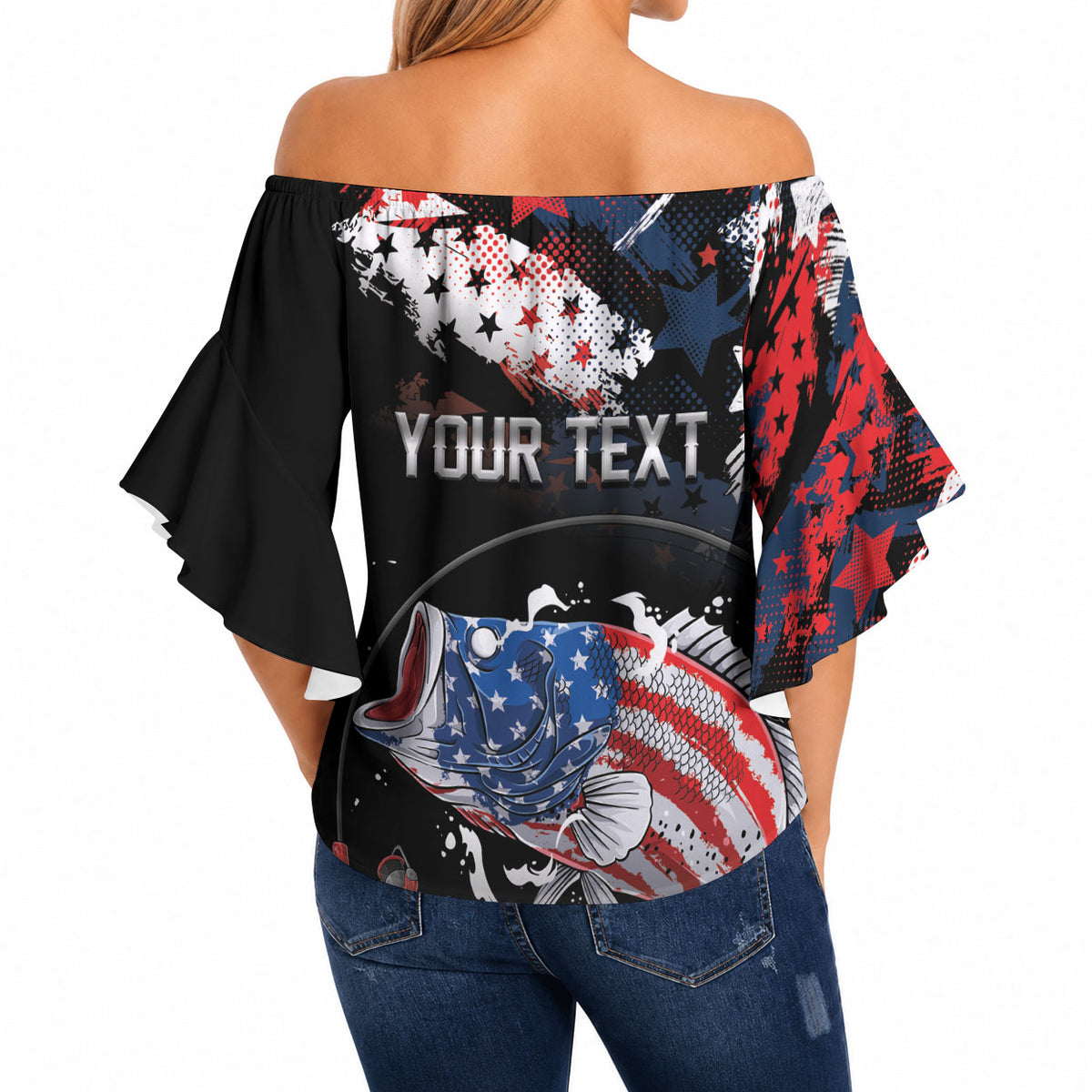 Personalized Largemouth Bass Fishing Off Shoulder Wrap Waist Top America 250 Year Freedom