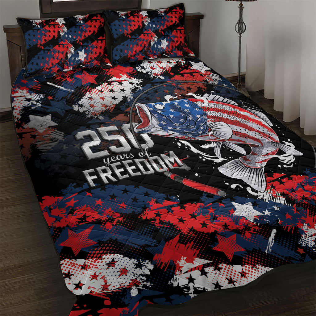 Largemouth Bass Fishing Quilt Bed Set America 250 Year Freedom
