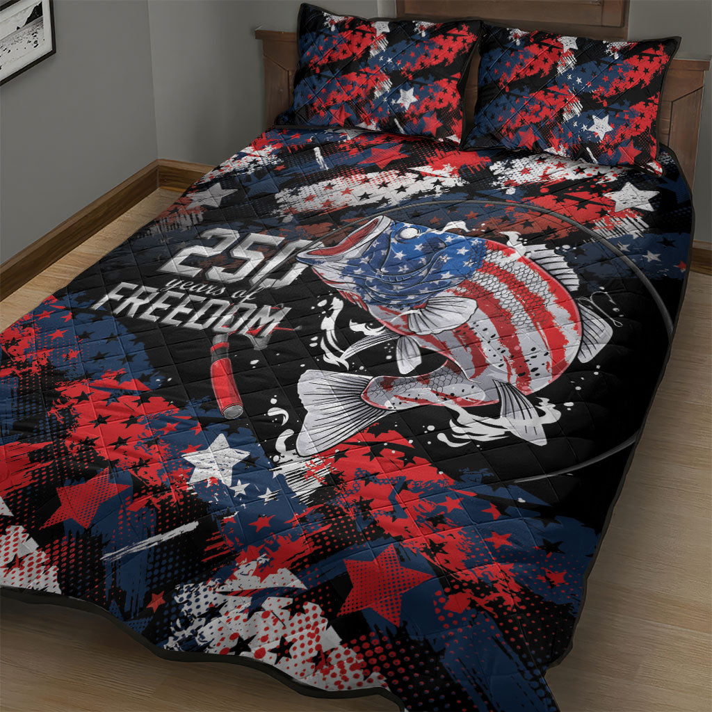 Largemouth Bass Fishing Quilt Bed Set America 250 Year Freedom