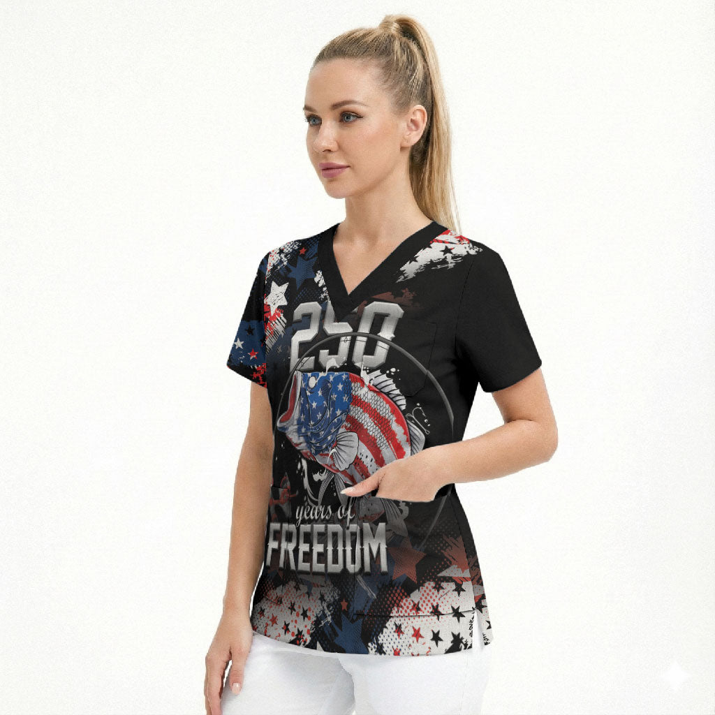 Personalized Largemouth Bass Fishing Scrub Top America 250 Year Freedom