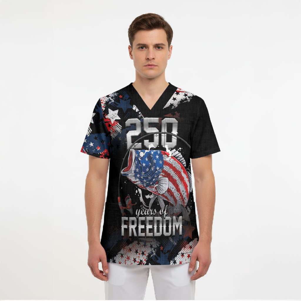 Personalized Largemouth Bass Fishing Scrub Top America 250 Year Freedom