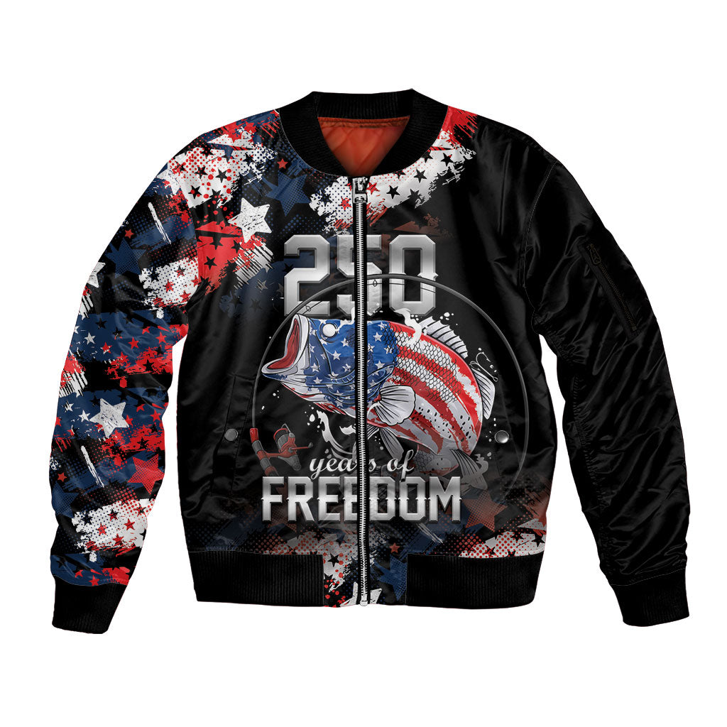 Personalized Largemouth Bass Fishing Sleeve Zip Bomber Jacket America 250 Year Freedom
