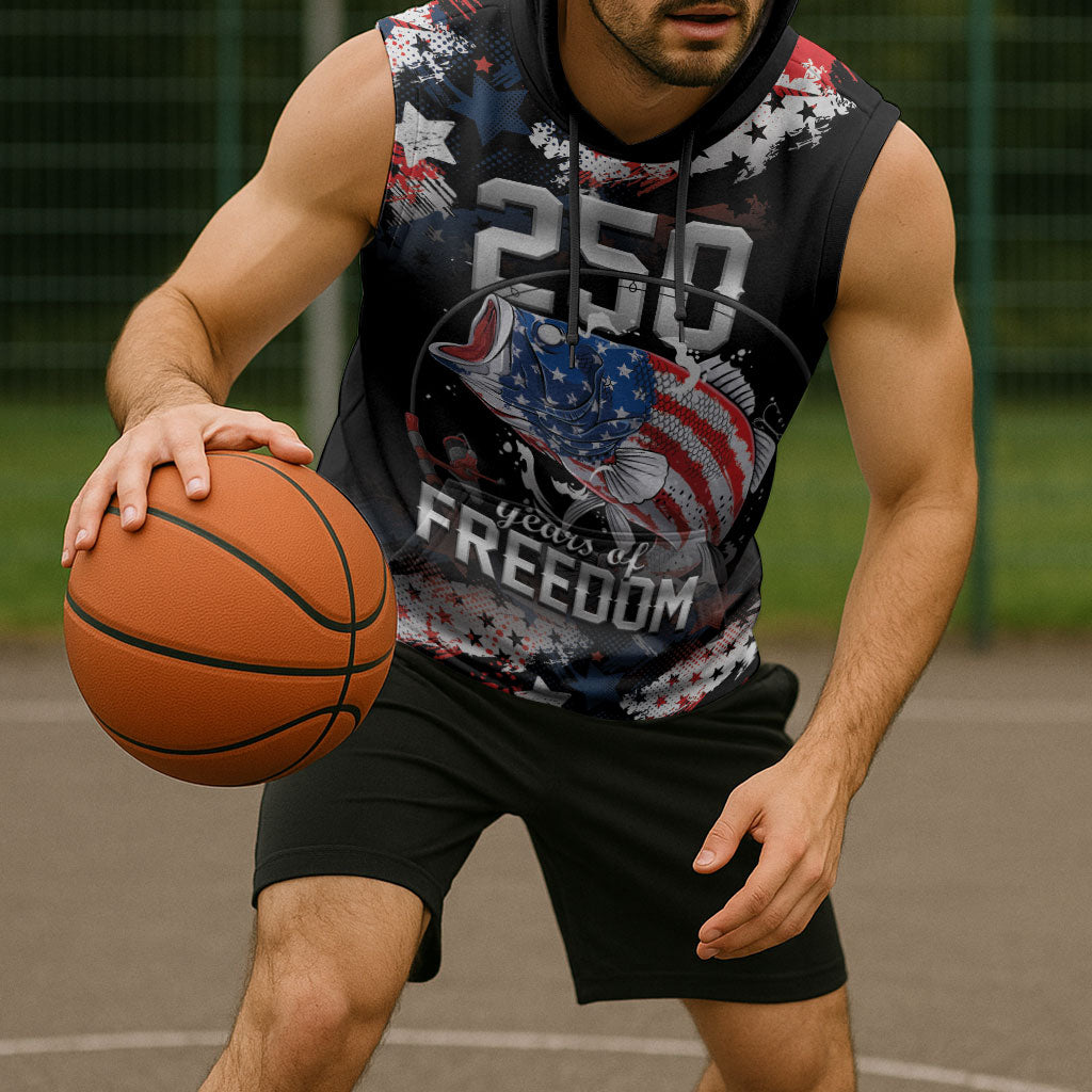 Personalized Largemouth Bass Fishing Sleeveless Hoodie America 250 Year Freedom